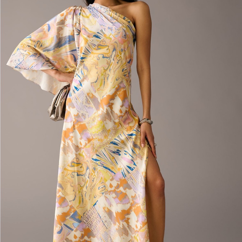 Mandira Wirk Anthropologie Asymmetrical One Shoulder Gown with Slit